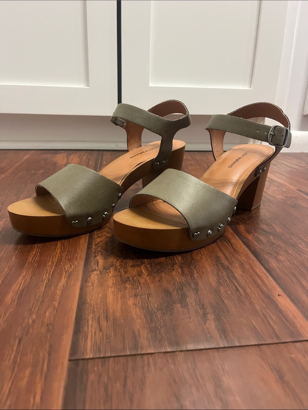 Lucky Brand Olive Green Ankle-Strap Studded Wood Block Heel Sandals